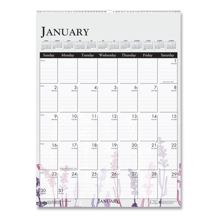 Recycled Wild Flower Wall Calendar, Wild Flowers Artwork, 12 x 16.5, White/Multicolor Sheets, 12-Month (Jan to Dec): 2026
