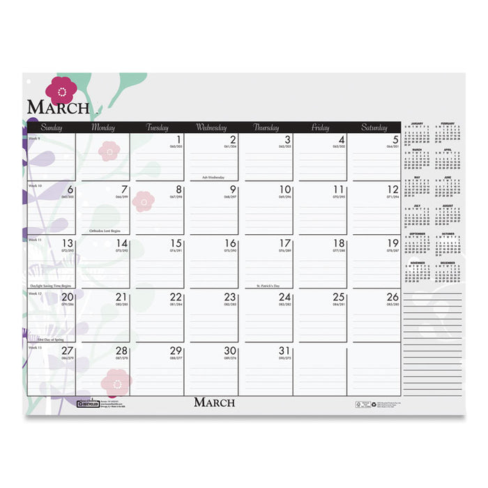 Recycled Desk Pad Calendar, Wild Flowers Artwork, 18.5 x 13, White Sheets, Black Binding/Corners,12-Month (Jan-Dec): 2026