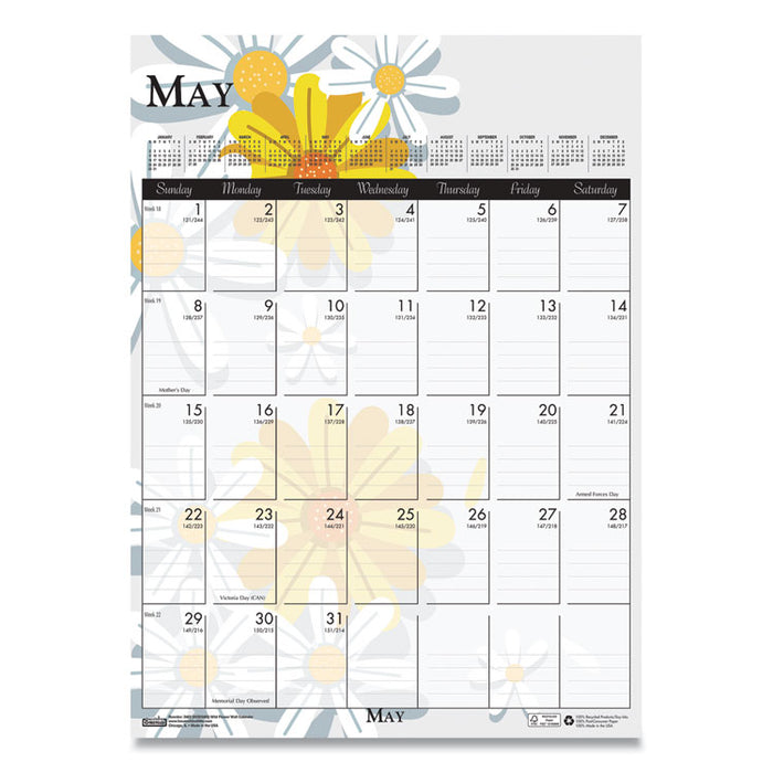 Recycled Wild Flower Wall Calendar, Wild Flowers Artwork, 12 x 16.5, White/Multicolor Sheets, 12-Month (Jan to Dec): 2026