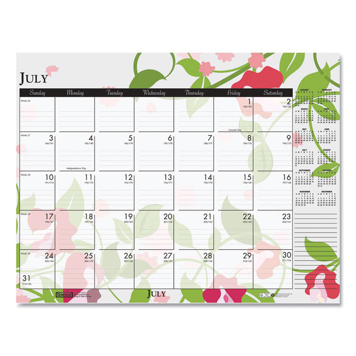 Recycled Desk Pad Calendar, Wild Flowers Artwork, 18.5 x 13, White Sheets, Black Binding/Corners,12-Month (Jan-Dec): 2026
