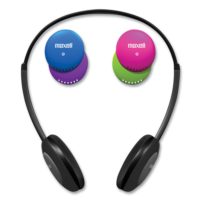 Kids Safe Headphones with Inline Microphone, 4 ft Cord, Black with Interchangeable Pink/Blue/Silver Caps