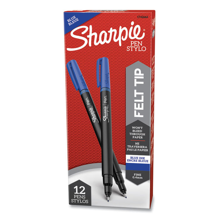Water-Resistant Ink Porous Point Pen, Stick, Fine 0.4 mm, Blue Ink, Black/Blue Barrel, Dozen