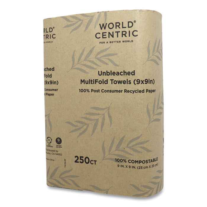 100% PCW Recycled Paper Towels, 1-Ply, 9 x 9, Natural, 250/Pack, 16 Packs/Carton