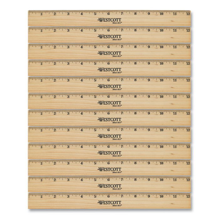 Beveled Wood Ruler, Standard, 12" Long, Natural Hardwood, 12/Pack
