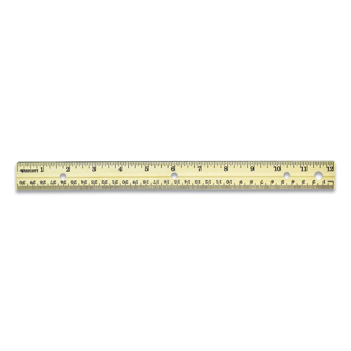 Three-Hole Punched Wood Ruler, Standard/Metric, 12" (30 cm) Long, Natural Wood, 36/Box