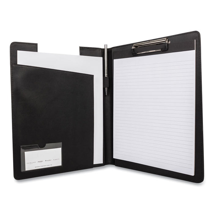 Faux-Leather Padfolio, Notched Front Cover with Clipboard Fastener, 9 x 12 Pad, 9.75 x 12.5, Black