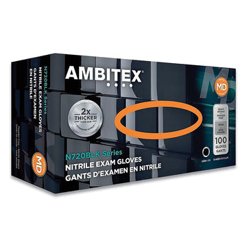 N720 Series Powder-Free Nitrile Gloves, Medium, 6 mil Thick, 12" Long, Black, 100/Box, 10 Boxes/Carton