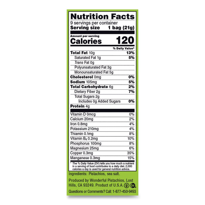 Wonderful No Shells Pistachios, Roasted and Salted, 0.75 oz Bag, 9 Bags/Box, 4 Boxes/Carton