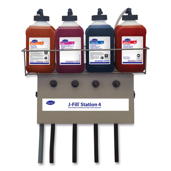 J-Fill Station 4 Chemical Dispenser, 2.5 L, Four Dispenser, 19 x 6.75 x 25.5, Silver