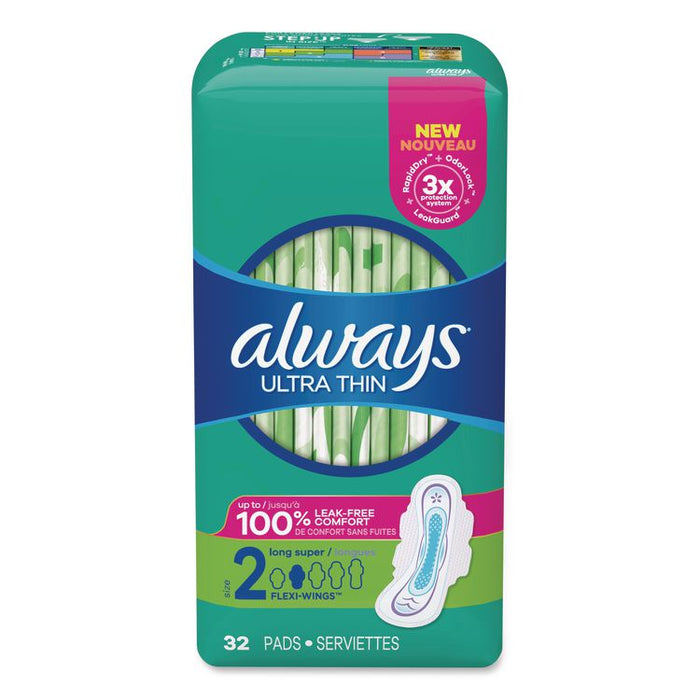 Ultra Thin Pads with Wings, Size 2, Long, Super Absorbent, 32/Pack, 3 Packs/Carton