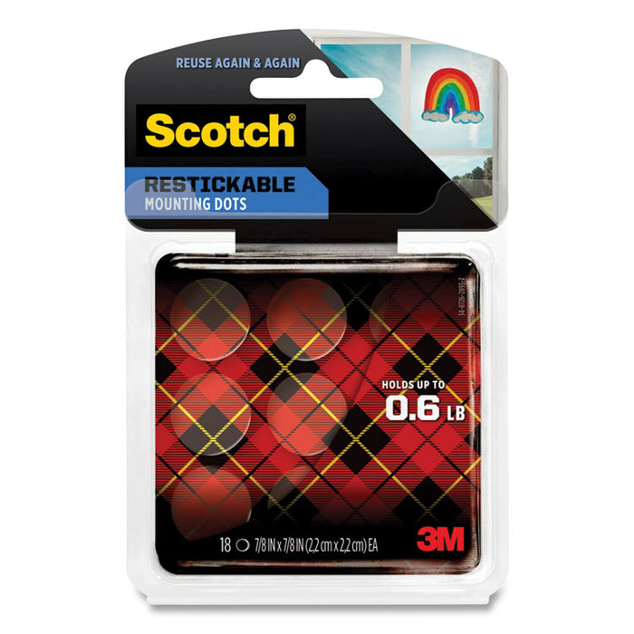 Restickable Mounting Tabs, Holds Up to 0.6 lb, 0.88" Pre-Cut Circles, Clear, 18/Pack