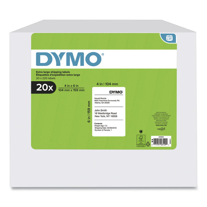 LW Extra-Large Shipping Labels, 4" x 6", White, 220 Labels/Roll, 20 Rolls/Box