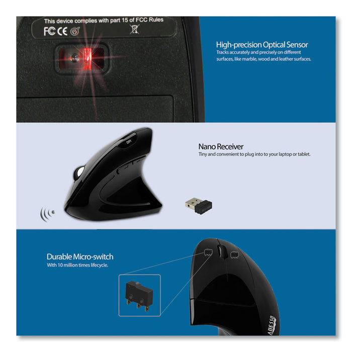 iMouse E10 Wireless Vertical Ergonomic USB Mouse, 2.4 GHz Frequency/33 ft Wireless Range, Right Hand Use, Black