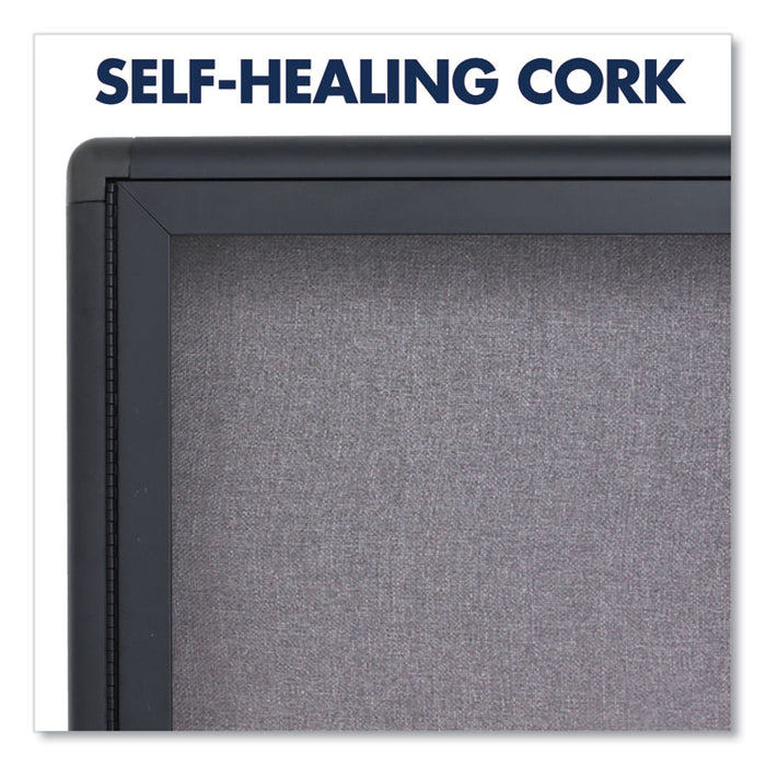 Enclosed Indoor Fabric Bulletin Board with Two Hinged Doors, 48" x 36", Gray Surface, Graphite Gray Aluminum Frame