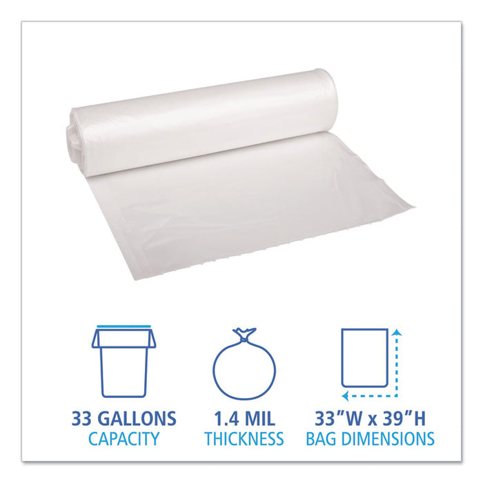 Recycled Low-Density Polyethylene Can Liners, 33 gal, 1.4 mil, 33" x 39", Clear, Perforated, 10 Bags/Roll, 10 Rolls/Carton