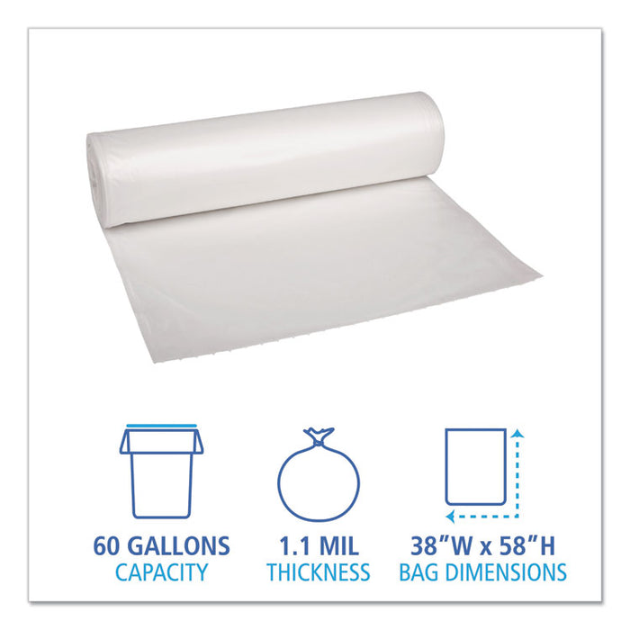 Recycled Low-Density Polyethylene Can Liners, 60 gal, 1.1 mil, 38" x 58", Clear, Perforated, 10 Bags/Roll, 10 Rolls/Carton