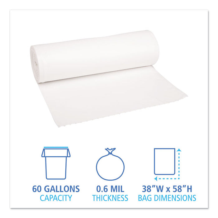 Low-Density Waste Can Liners, 60 gal, 0.6 mil, 38" x 58", White, Perforated Roll, 25 Bags/Roll, 4 Rolls/Carton