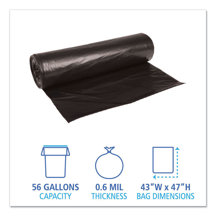 Low-Density Waste Can Liners, 56 gal, 0.6 mil, 43" x 47", Black, Perforated Roll, 25 Bags/Roll, 4 Rolls/Carton
