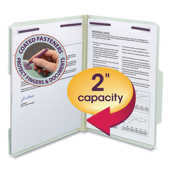 Recycled Pressboard Fastener Folders, 2/5 Tab: R of C, Expands 2", 2 SafeSHIELD Fasteners, Letter Size, Gray-Green, 25/Box