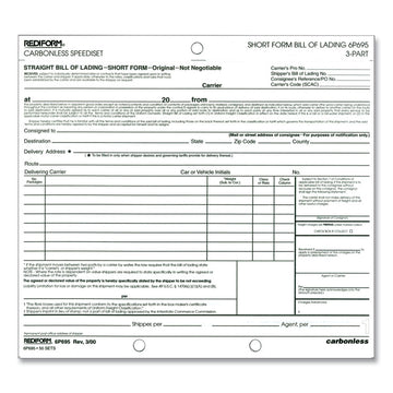 Speediset Bill of Lading, Short Form, Three-Part Carbonless, 7 x 8.5, 50 Forms Total