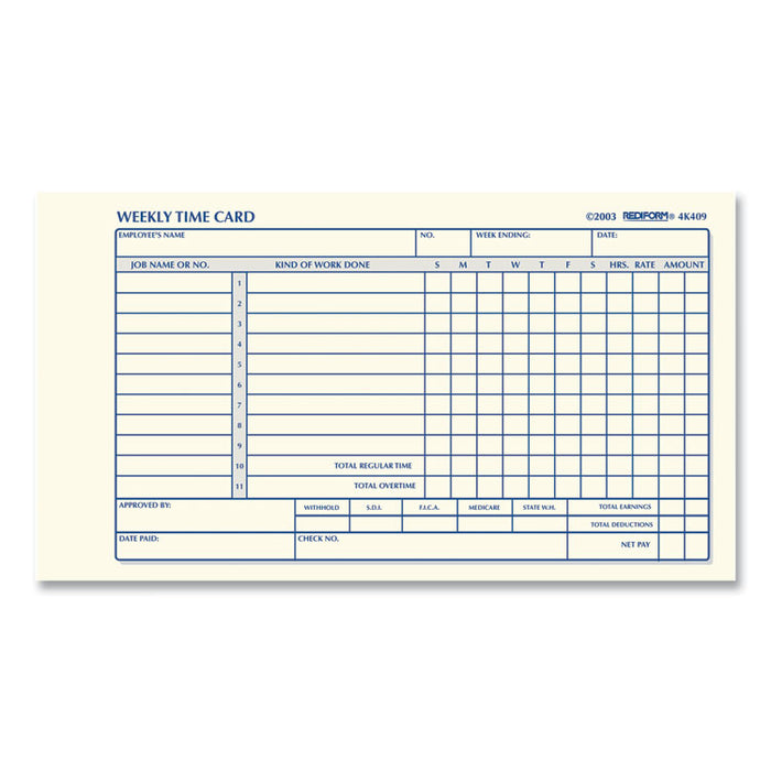 Weekly Employee Time Cards, Sunday-Saturday, One Side, 4.25 x 7, 100/Pad