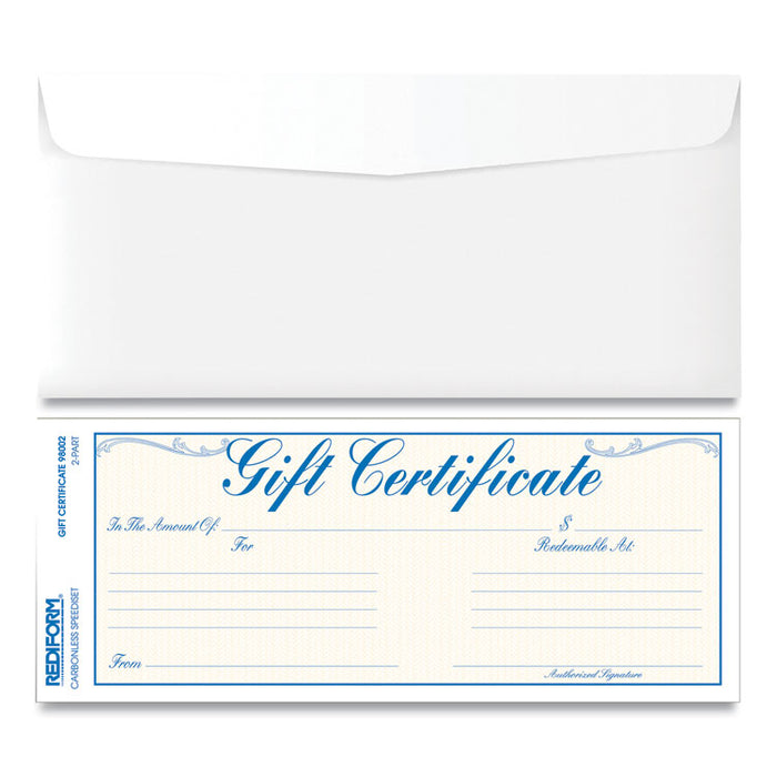 Gift Certificates with Envelopes, 8.5 x 3.67, Blue/Gold with Blue Border, 25/Pack