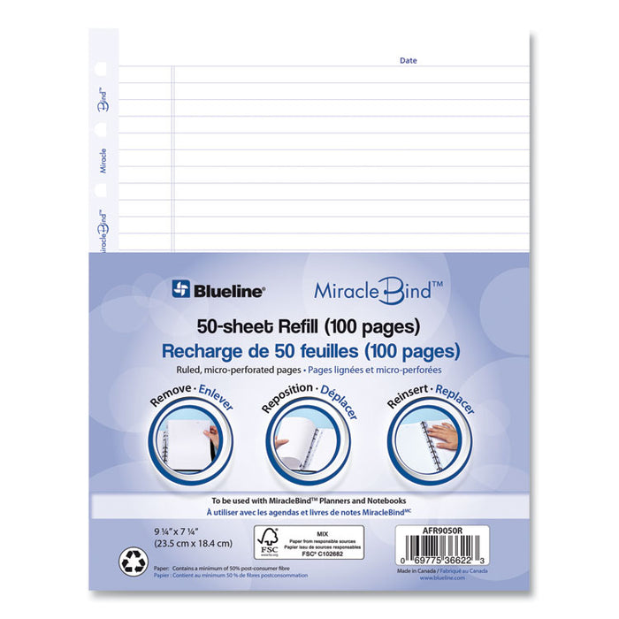 Ruled Paper Refill Sheets for all MiracleBind Notebooks and Planners, 9.25 x 7.25, White/Blue Sheets, Undated, 50/Pack