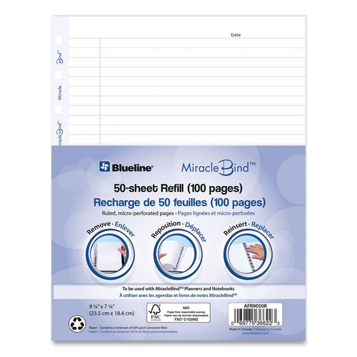 Ruled Paper Refill Sheets for all MiracleBind Notebooks and Planners, 9.25 x 7.25, White/Blue Sheets, Undated, 50/Pack