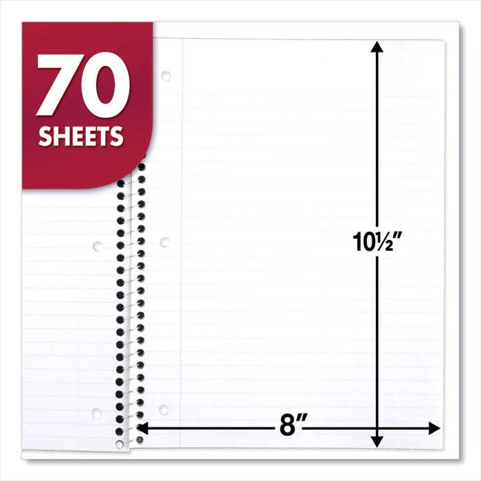 Spiral Notebook, One-Subject, Wide/Legal Rule, Randomly Assorted Cover Color, (70) 10.5" x 7.5" Sheets