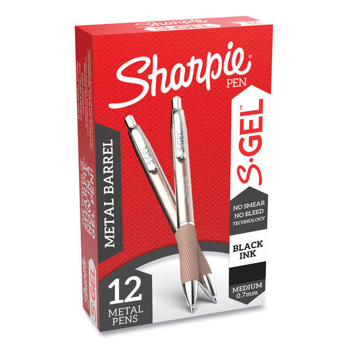 S-Gel Premium Metal Barrel Gel Pen, Retractable, Medium 0.7 mm, Black Ink, Champagne Barrel, Dozen