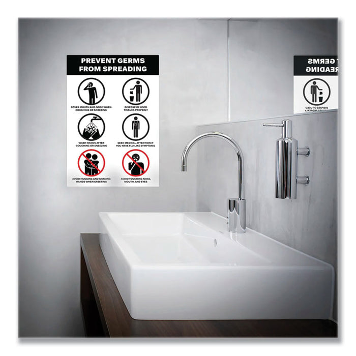 Preprinted Surface Safe Wall Decals, 7 x 10, Prevent Germs from Spreading, White/Black Face, Black Graphics, 5/Pack