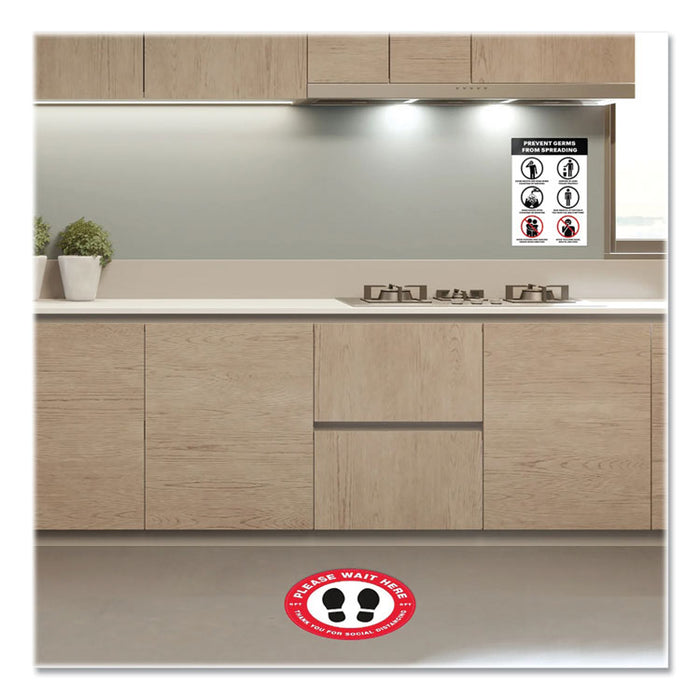 Preprinted Surface Safe Wall Decals, 7 x 10, Prevent Germs from Spreading, White/Black Face, Black Graphics, 5/Pack
