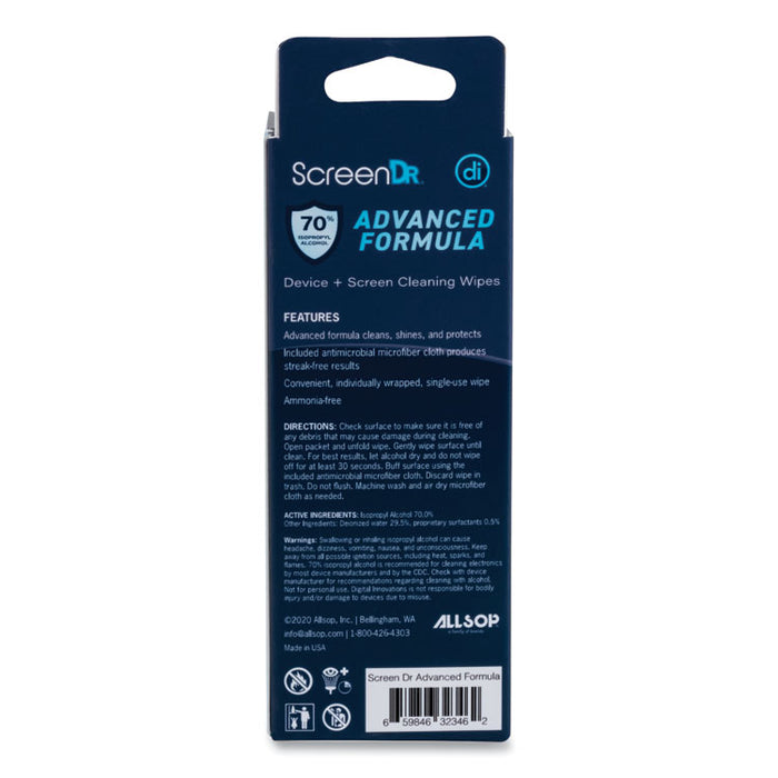 ScreenDr Device and Screen Cleaning Wipes, Includes 30 Individually Wrapped Wipes and 8" Microfiber Cloth, 6 x 5, White