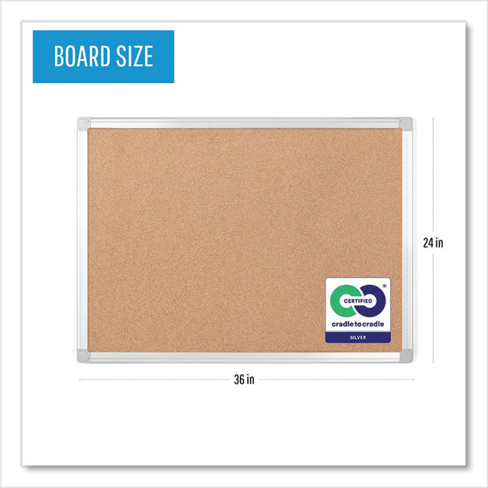 Earth Cork Board, 36" x 24", Tan Surface, Satin Aluminum Frame