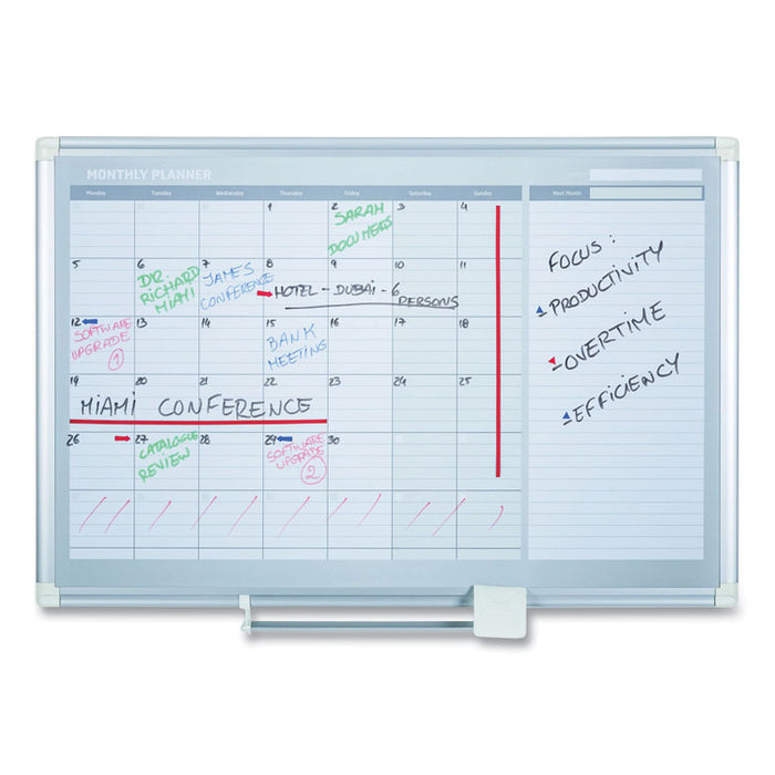 Magnetic Dry Erase Calendar Board, Monthly Planning/Scheduling, 48" x 36", White Surface, Satin Aluminum Frame