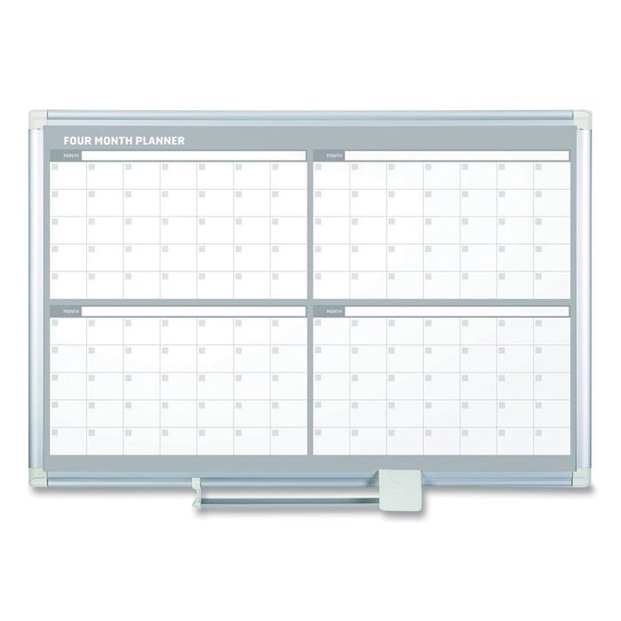 Magnetic Dry Erase Calendar Board, Four-Month Planning/Scheduling, 48" x 36", White Surface, Satin Aluminum Frame