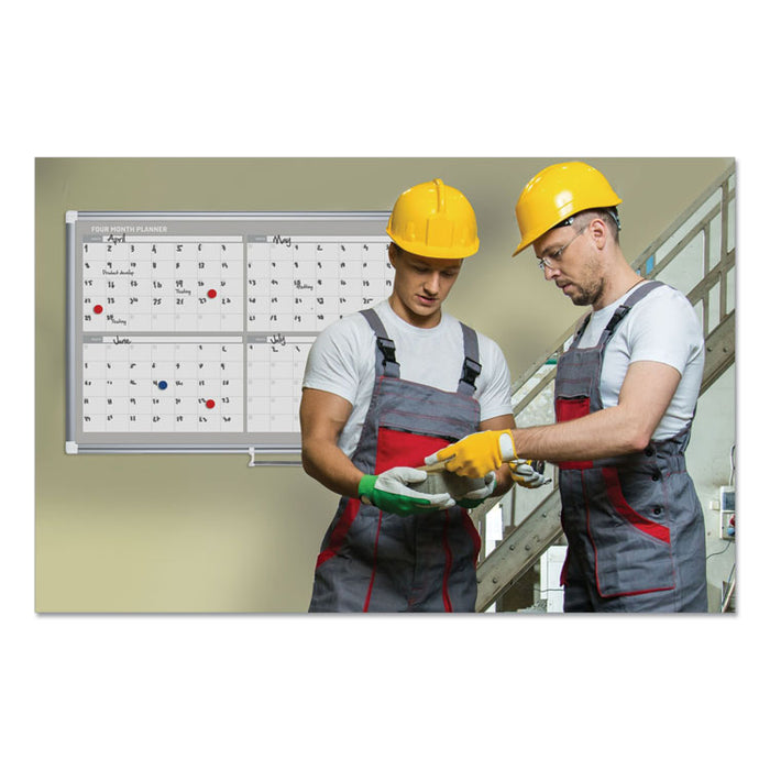 Magnetic Dry Erase Calendar Board, Four-Month Planning/Scheduling, 48" x 36", White Surface, Satin Aluminum Frame