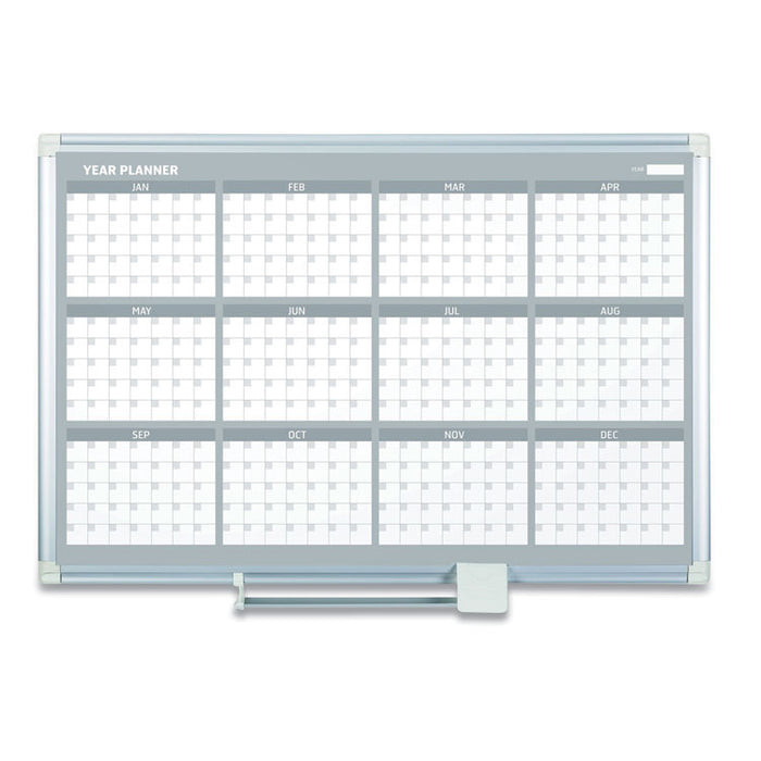 Magnetic Dry Erase Calendar Board, 12-Month Planning/Scheduling, 48" x 36", White Surface, Satin Aluminum Frame