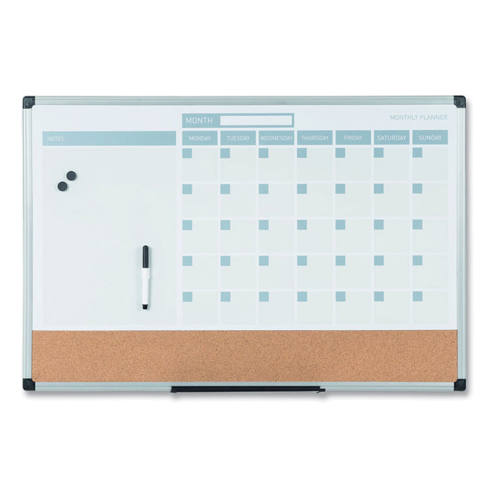 3-in-1 Calendar Planner, Monthly Planning/Scheduling Calendar, 36" x 24", White Surface, Satin Aluminum Frame