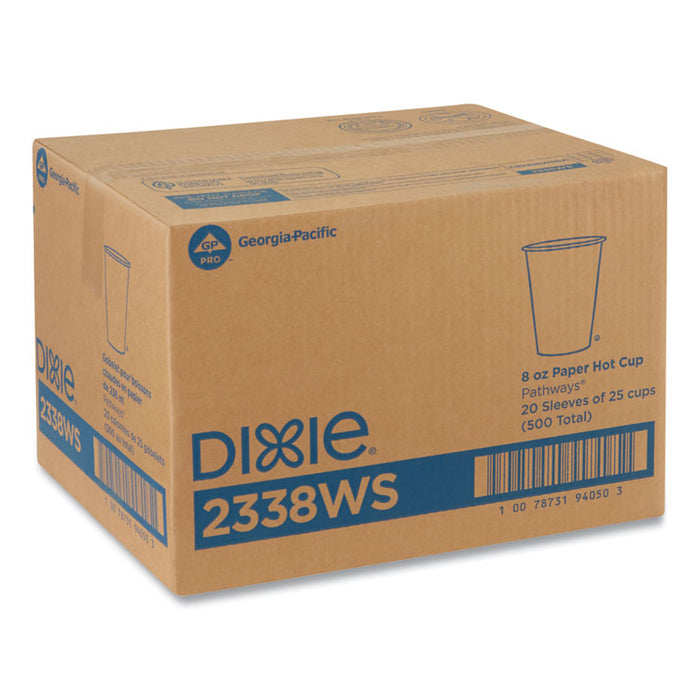 Pathways Paper Hot Cups, WiseSize, 8 oz, White/Brown, 25/Bag, 20 Bags/Carton