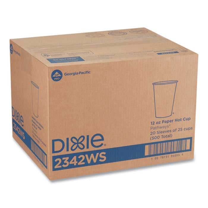 Pathways Paper Hot Cups, WiseSize, 12 oz, White/Brown, 25/Pack