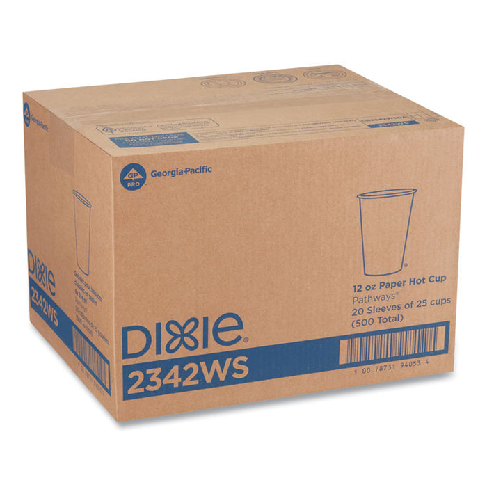Pathways Paper Hot Cups, WiseSize, 12 oz, White/Brown, 25/Bag, 20 Bags/Carton