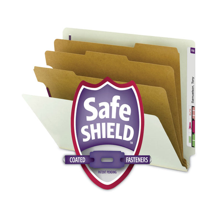 End Tab Pressboard Classification Folders, Expands 3", 3 Dividers, 8 SafeSHIELD Fasteners, Legal Size, Gray-Green, 10/Box