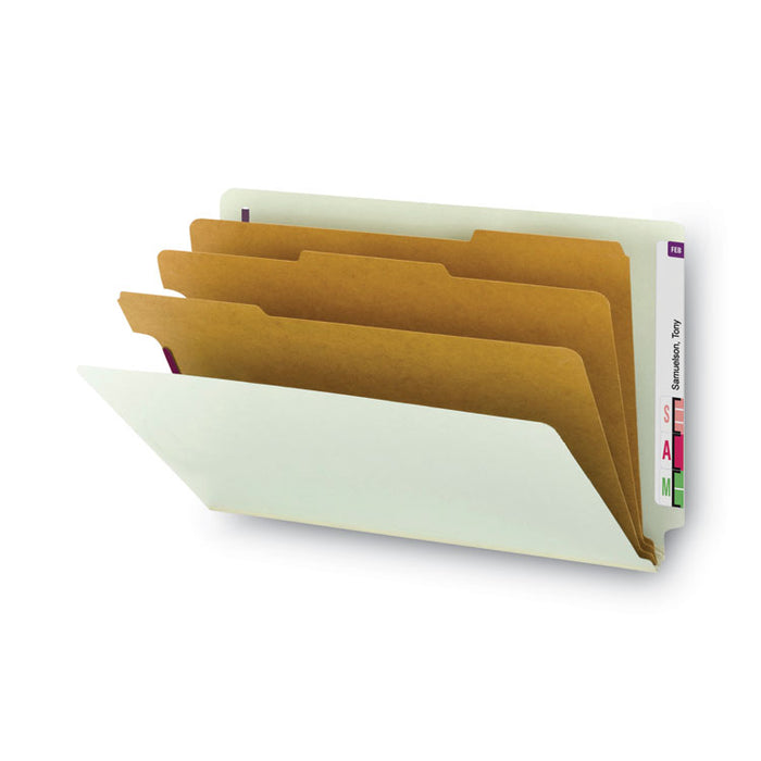 End Tab Pressboard Classification Folders, Expands 3", 3 Dividers, 8 SafeSHIELD Fasteners, Legal Size, Gray-Green, 10/Box