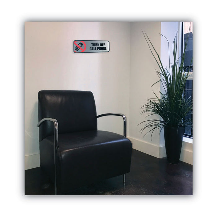 Brushed Metal Office Sign, Turn Off Cell Phone, 9 x 3, Silver/Red