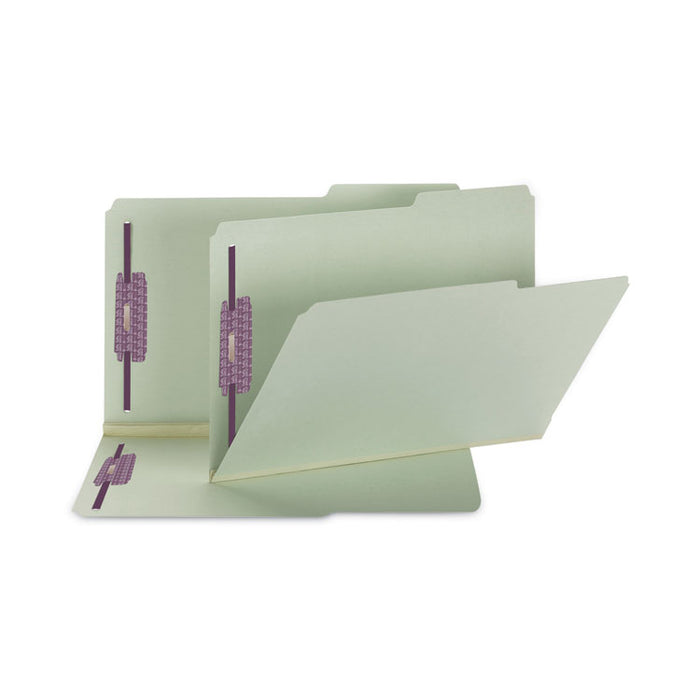Recycled Pressboard Fastener Folders, 2/5-Cut Tab: Right, Expands 2", 2 SafeSHIELD Fasteners, Legal Size, Gray-Green, 25/Box