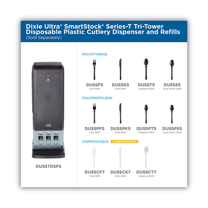 SmartStock Tri-Tower Dispensing System Polystyrene Cutlery, Mediumweight Spoon, Plastic, Black, 40/Pack, 24 Packs/Carton