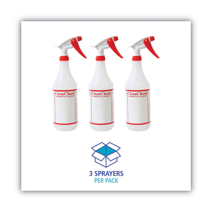 General Purpose Plastic Bottle with Trigger Spray, 32 oz, Clear/Red, 3/Pack
