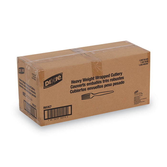 Individually Wrapped Heavyweight Forks, Plastic, Black, 1,000/Carton