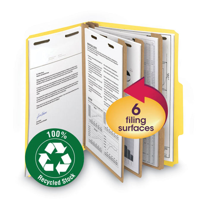 Recycled Pressboard Classification Folders, 2/5-Cut Tab, Expands 2", 2 Dividers, 6 Fasteners, Letter Size, Yellow, 10/BX